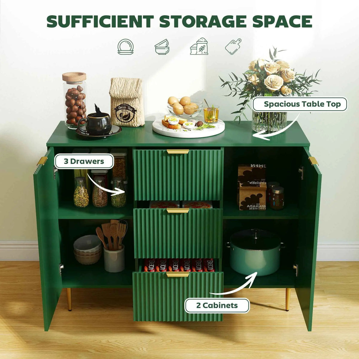 Modern green SLOTH Nation buffet cabinet with 3 drawers, ideal for kitchen or hallway storage, featuring sleek design and ample space.