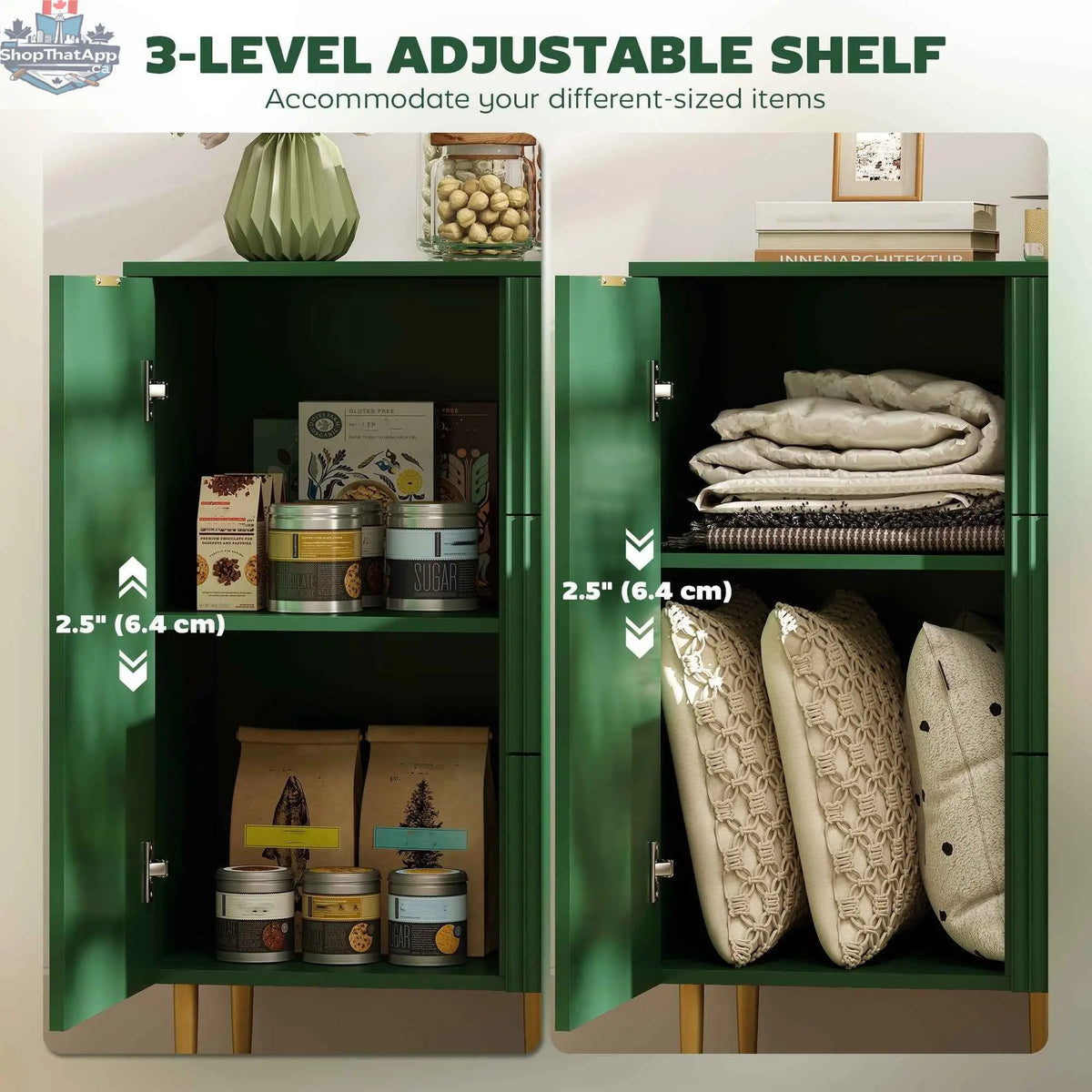 SLOTH Nation Ellis modern green buffet cabinet with three drawers, ideal for kitchen or hallway storage and decor.