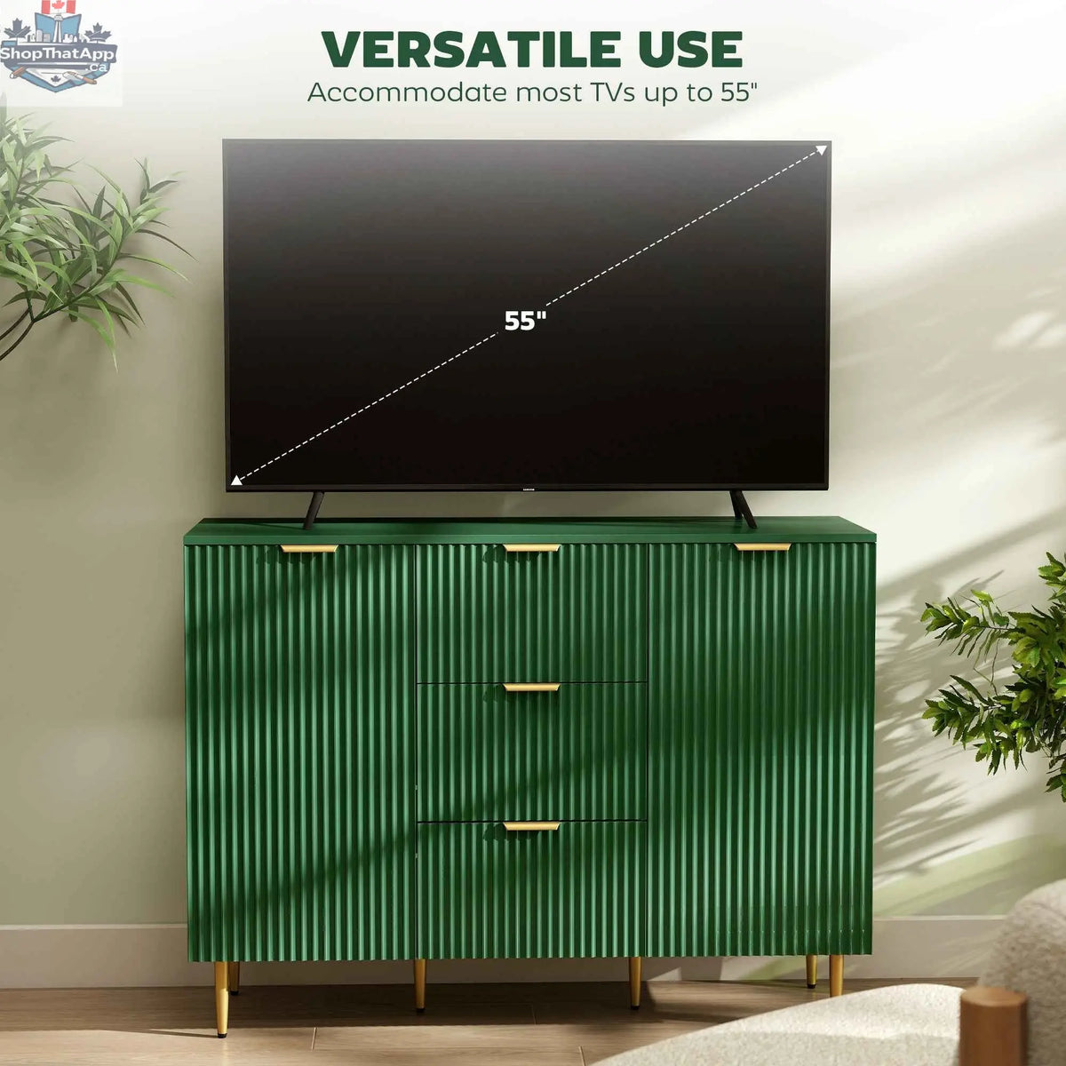 Modern green SLOTH Nation buffet cabinet with three drawers, ideal for kitchen or hallway storage, part of cabinets and curios collection.