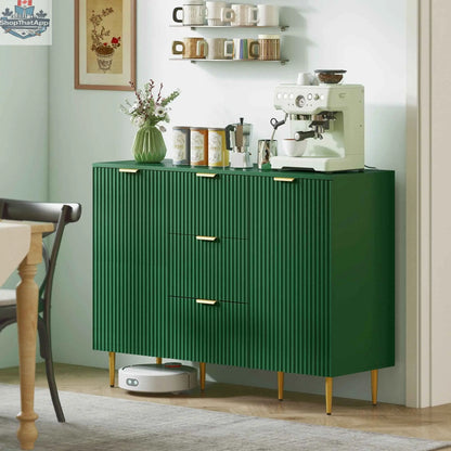 SLOTH Nation Ellis modern green buffet cabinet with three drawers, ideal for kitchen or hallway storage, in a contemporary style