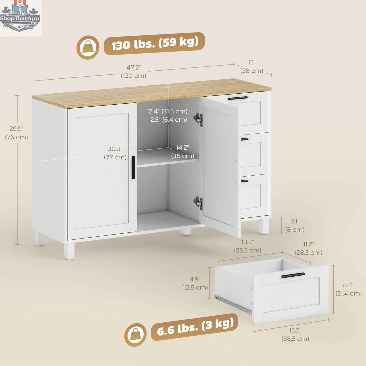 Modern white Vesper sideboard with 3 drawers and soft-close doors, from SLOTH Nation, showcasing sleek cabinet design.