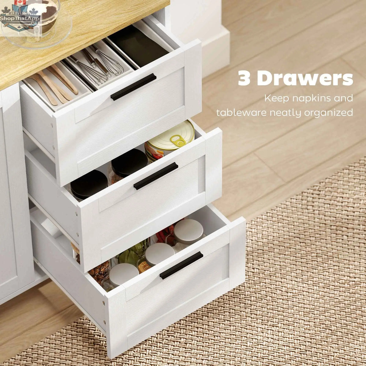 White Vesper Modern Sideboard by SLOTH Nation with 3 drawers and soft-close doors, showcasing sleek cabinet design.