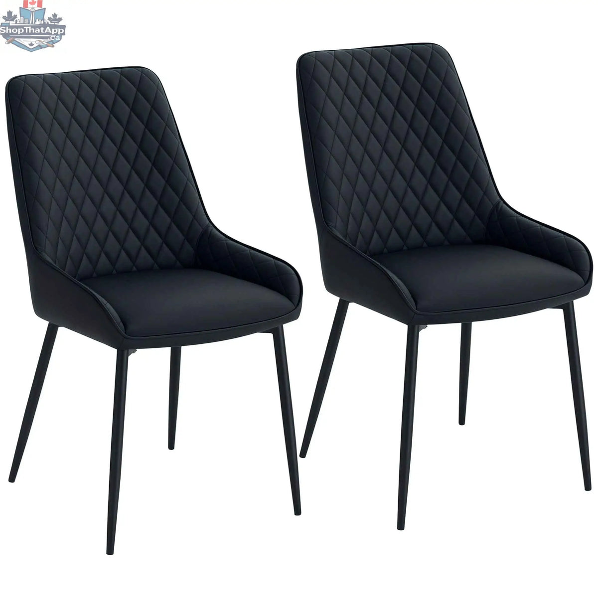 Set of 2 black Blake modern dining chairs by SLOTH Nation with diamond tufting and steel legs, showcasing sleek contemporary design.