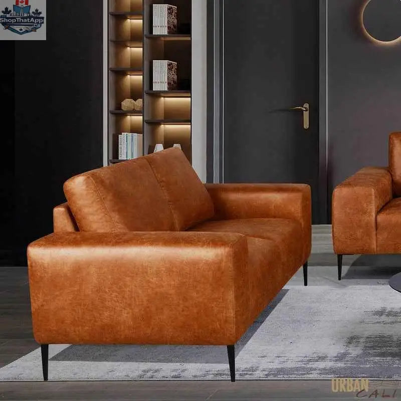 Rustic light brown Freeman loveseat by SLOTH Nation, showcasing stylish, comfortable seating with plush cushions and wooden legs.