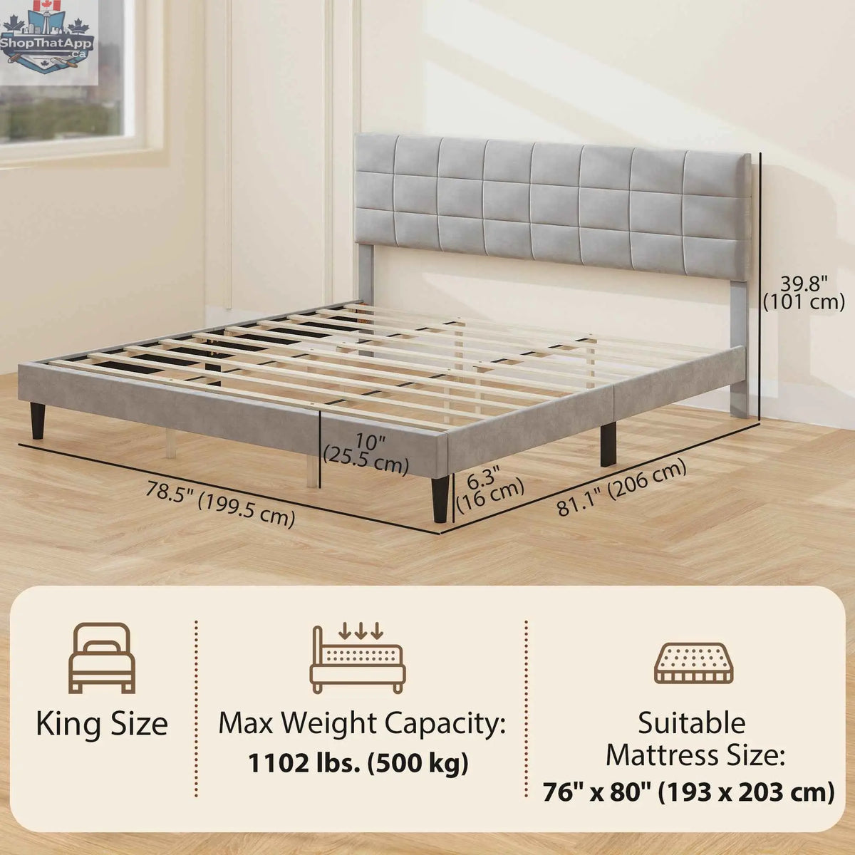 SLOTH Nation Harper king size bed frame with upholstered grey headboard and wooden legs, modern and stylish bedroom furniture.