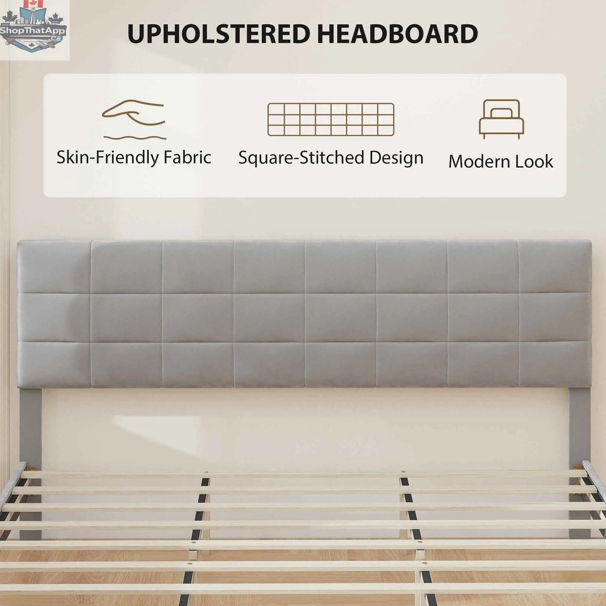 Grey upholstered Harper king size bed frame with headboard by SLOTH Nation, featuring a modern design and sturdy construction.