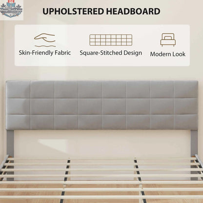 Grey upholstered Harper king size bed frame with headboard by SLOTH Nation, featuring a modern design and sturdy construction.