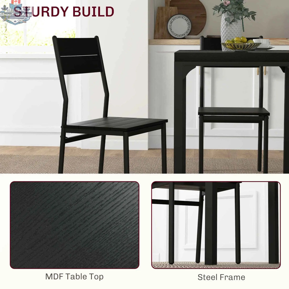 Black Kurt 3-piece dining set for small spaces by SLOTH Nation, includes table and two chairs in modern design.