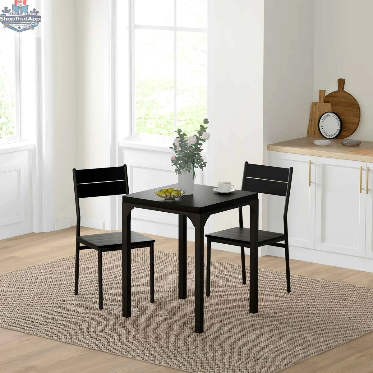Black Kurt 3-piece dining set by SLOTH Nation, compact furniture for small spaces with a table and two chairs.
