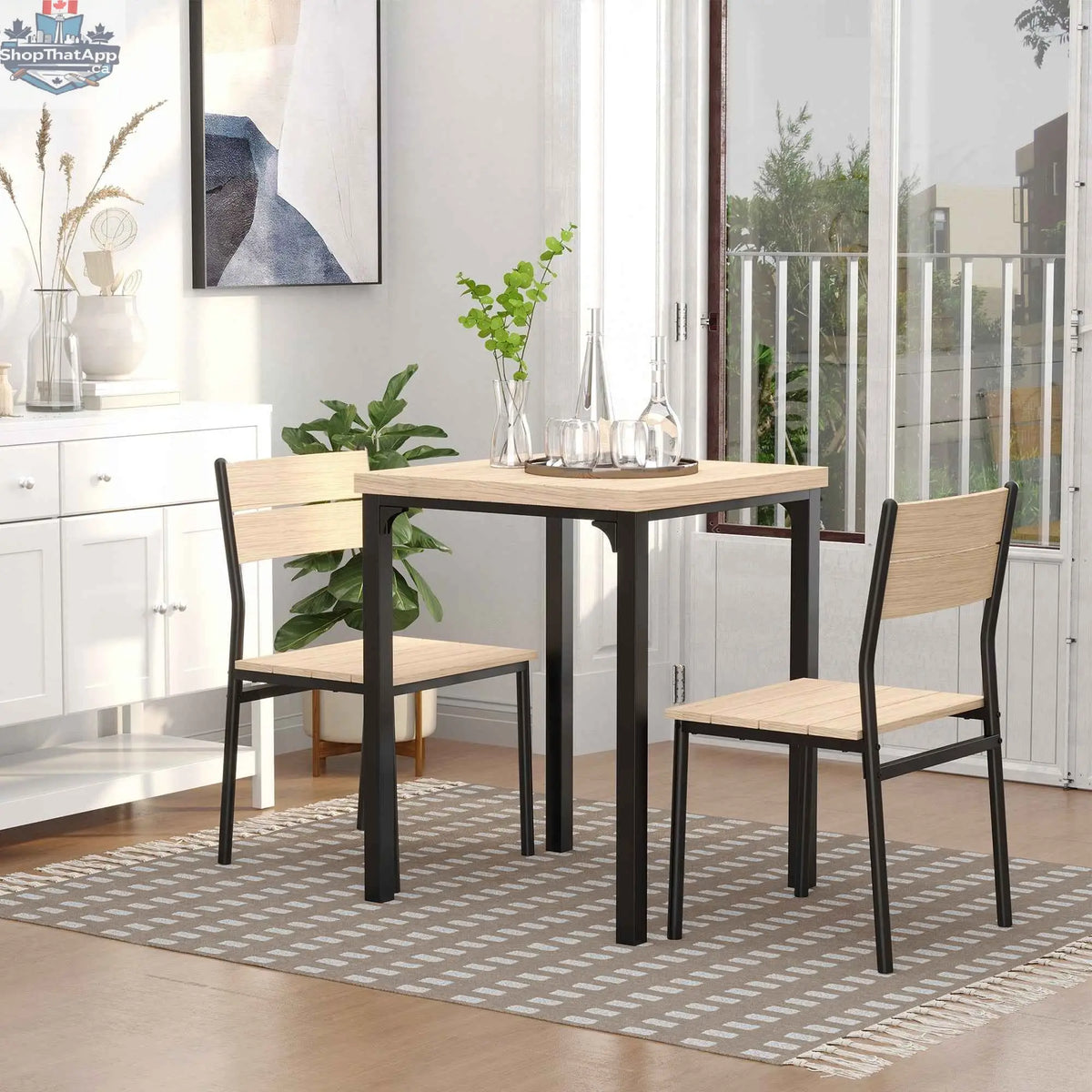 SLOTH Nation Kurt 3-piece dining set for small spaces with natural wood finish, including table and two chairs.