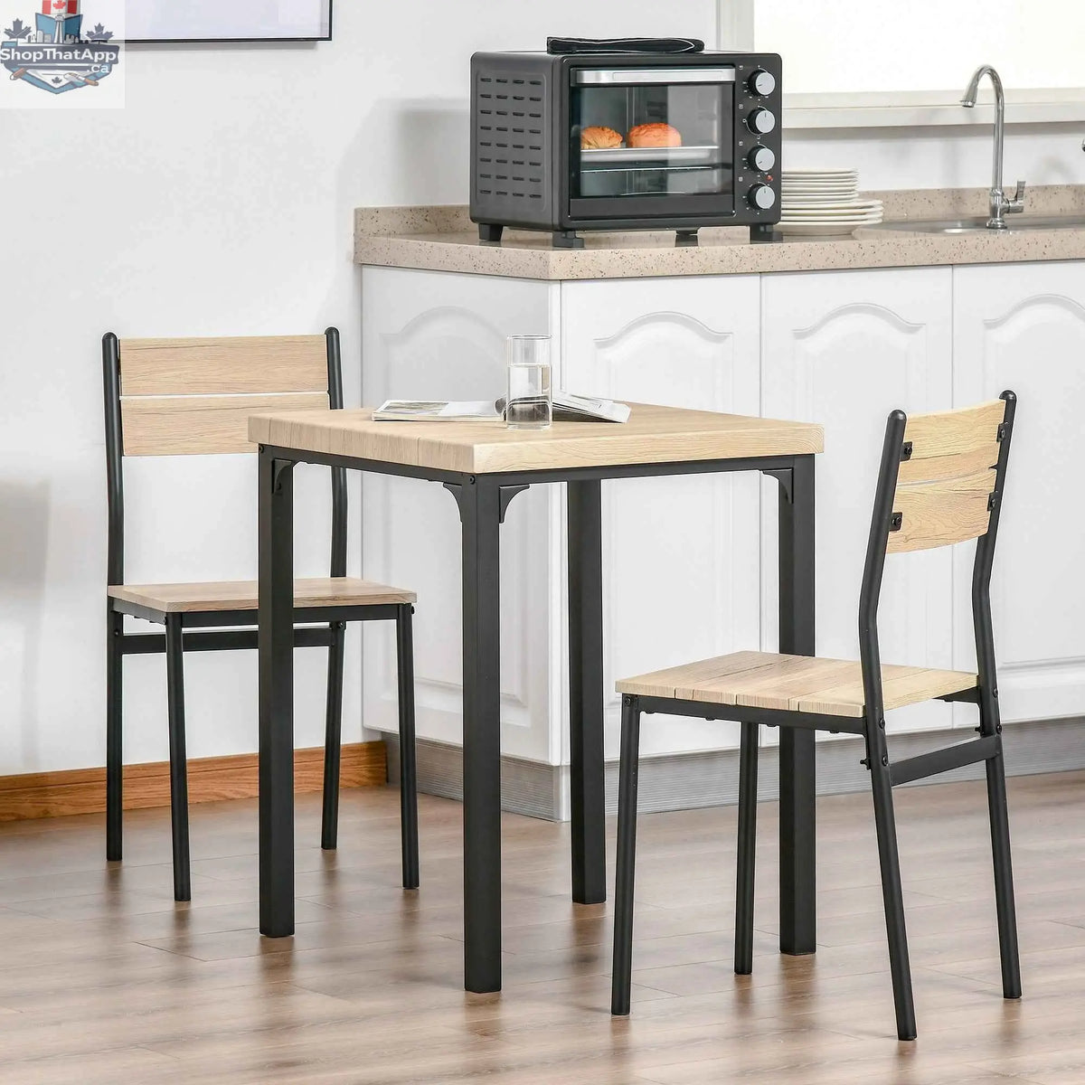 Small space Kurt dining set by SLOTH Nation with natural wood finish, includes a table and two chairs, perfect for compact dining areas.