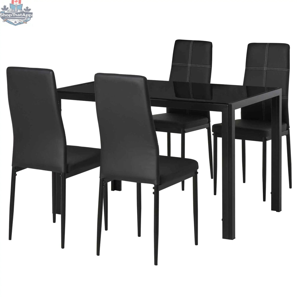 Black Zaya Glass 5-piece dining set by SLOTH Nation with rectangular table and four chairs, ideal for small spaces.