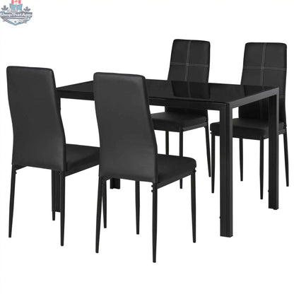Black Zaya Glass 5-piece dining set by SLOTH Nation with rectangular table and four chairs, ideal for small spaces.