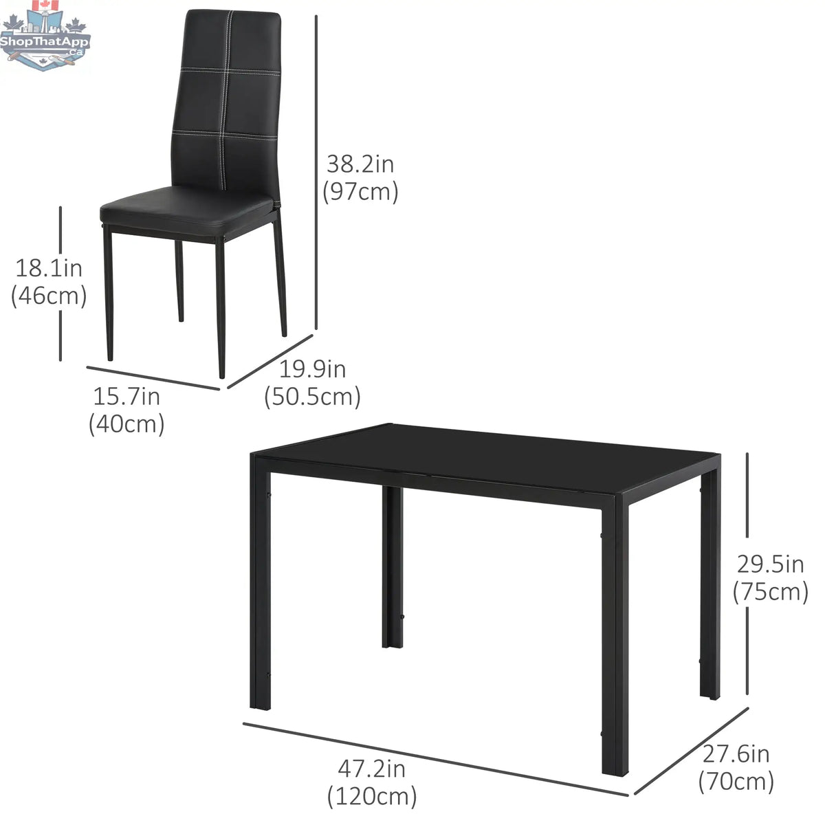 Black Zaya Glass Dining Set by SLOTH Nation, 5-piece rectangular furniture for small dining spaces with sleek glass tabletop.