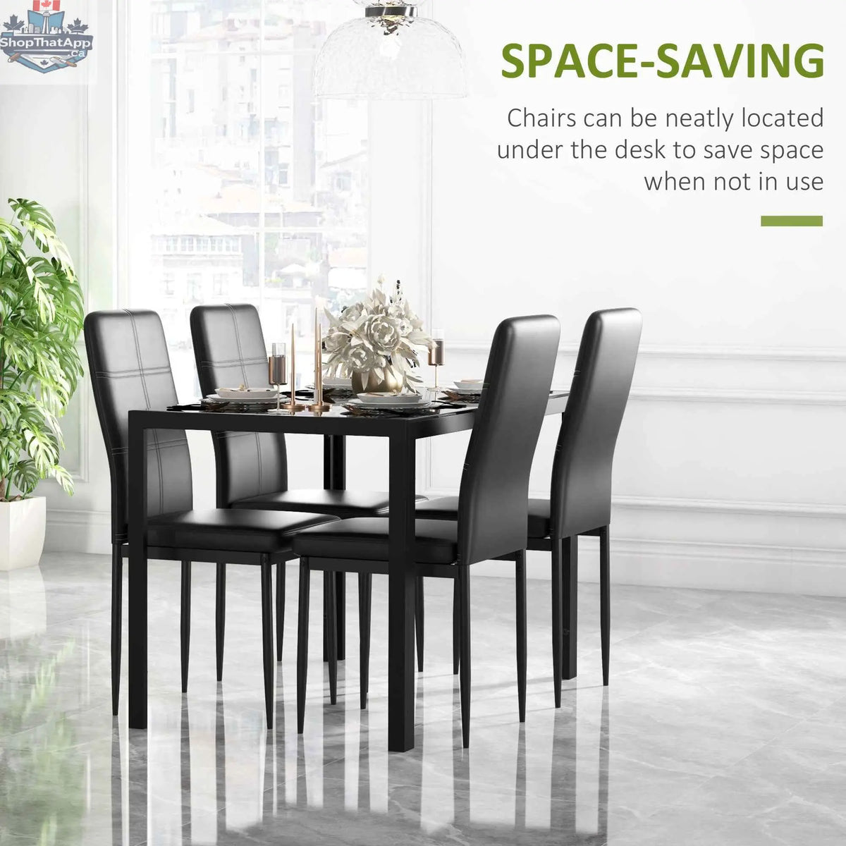 Black Zaya glass dining set by SLOTH Nation with 5 rectangular pieces, ideal for small dining spaces.