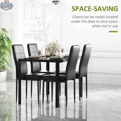Black Zaya glass dining set by SLOTH Nation with 5 rectangular pieces, ideal for small dining spaces.