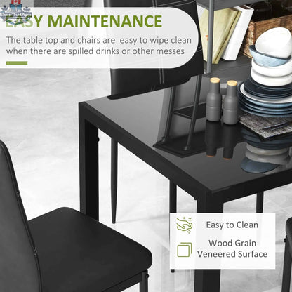Black Zaya glass dining set by SLOTH Nation, 5-piece rectangular furniture for small spaces, includes table and four chairs.