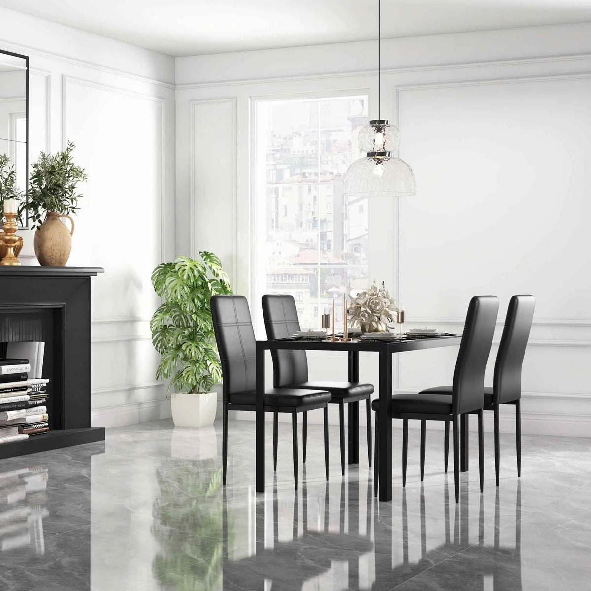 Black Zaya glass dining set by SLOTH Nation, 5-piece rectangular furniture for small spaces showing the table and chairs.