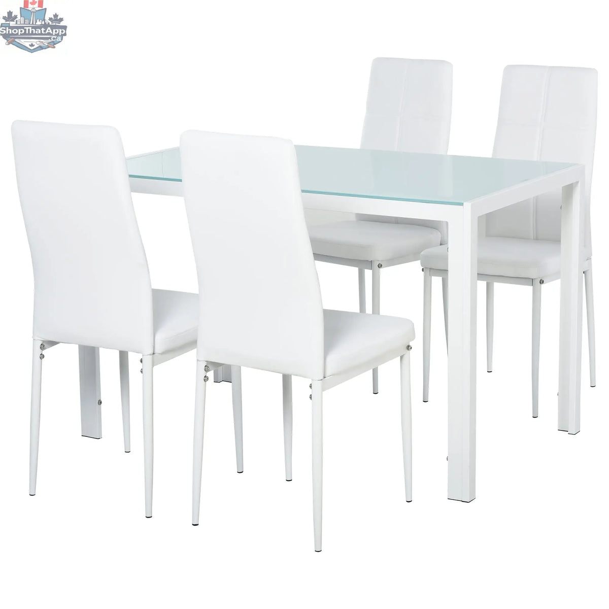 White Zaya glass dining set with 5-piece rectangular table and chairs, ideal for small spaces, by SLOTH Nation.