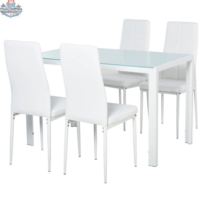 White Zaya glass dining set with 5-piece rectangular table and chairs, ideal for small spaces, by SLOTH Nation.