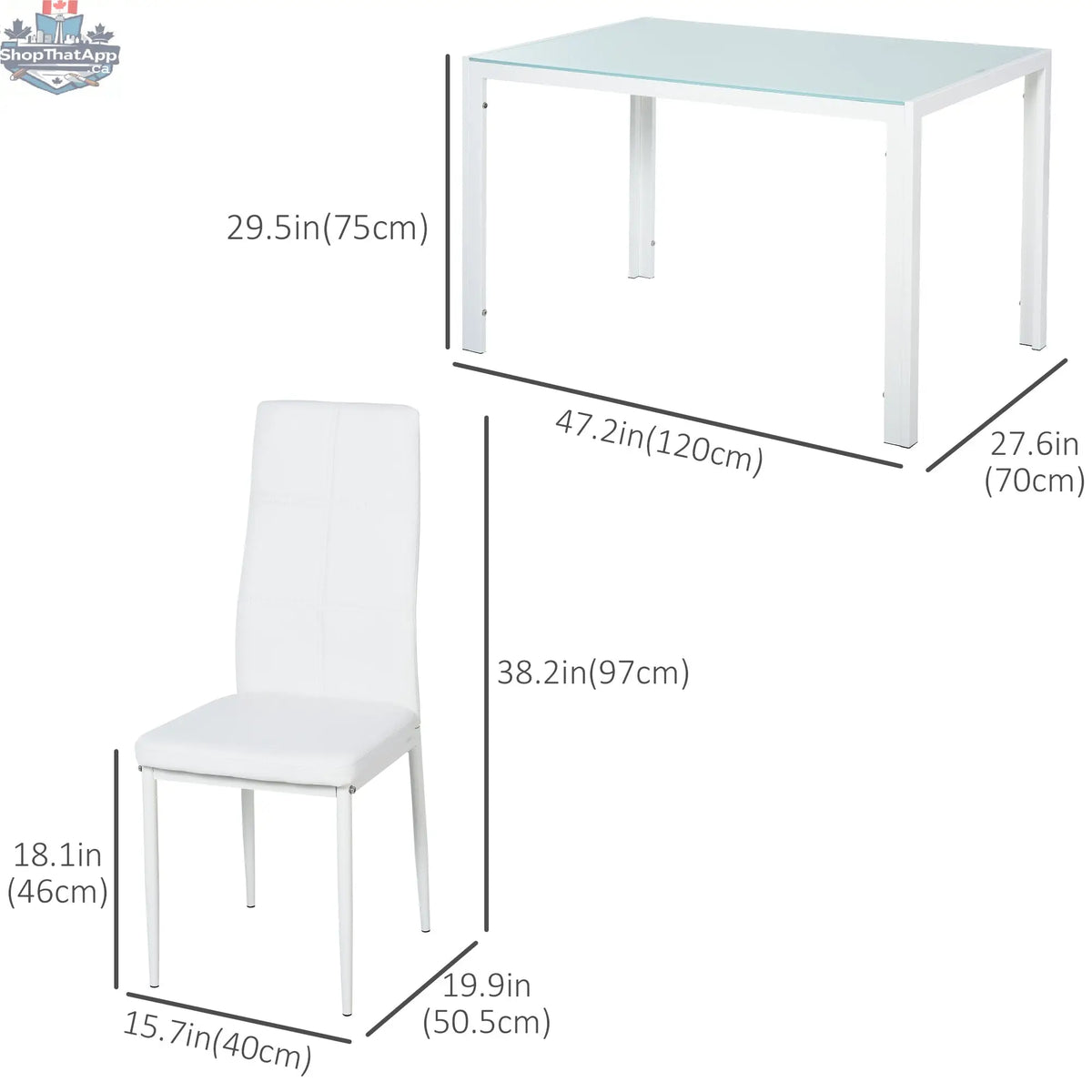 White Zaya glass dining set with 5 rectangular tables and chairs, perfect for small spaces, by SLOTH Nation.