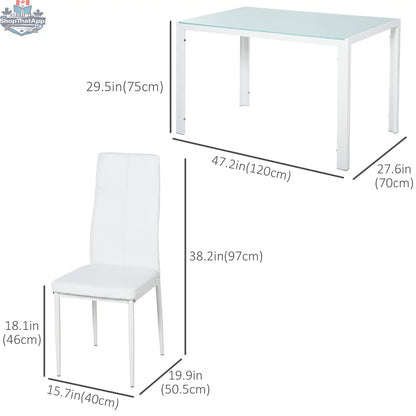 White Zaya glass dining set with 5 rectangular tables and chairs, perfect for small spaces, by SLOTH Nation.