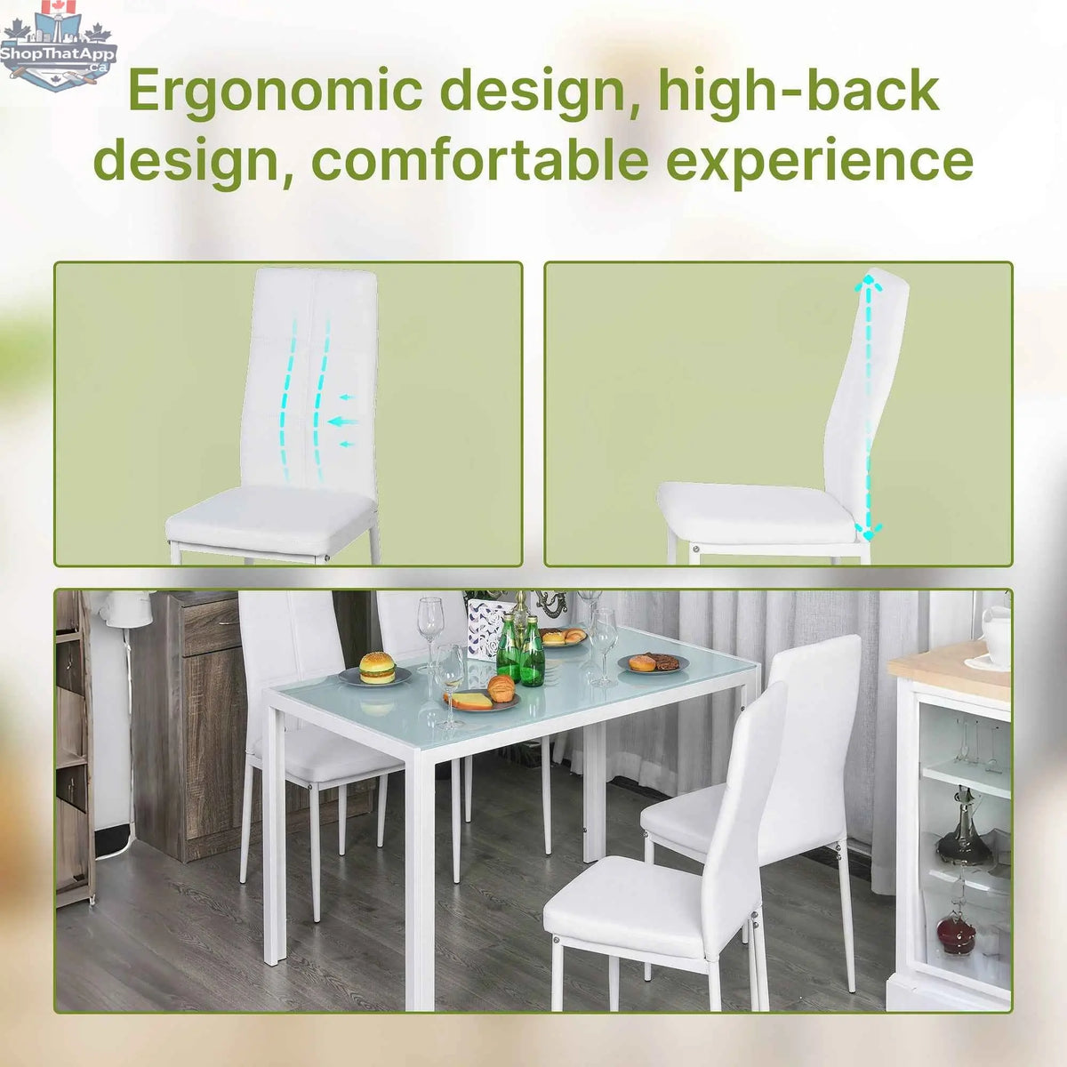 White Zaya Glass Dining Set by SLOTH Nation, 5-piece rectangular dining furniture for small spaces, with glass tabletop and modern design.