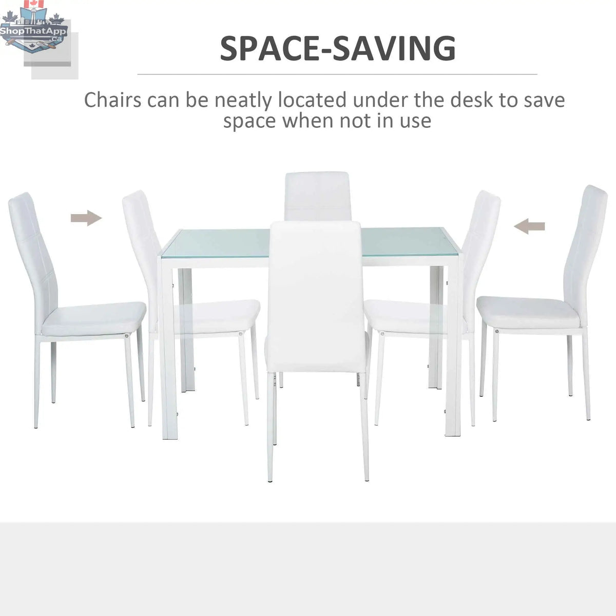 White Zaya Glass 5-piece rectangular dining set by SLOTH Nation, ideal for small spaces, includes table and four chairs.
