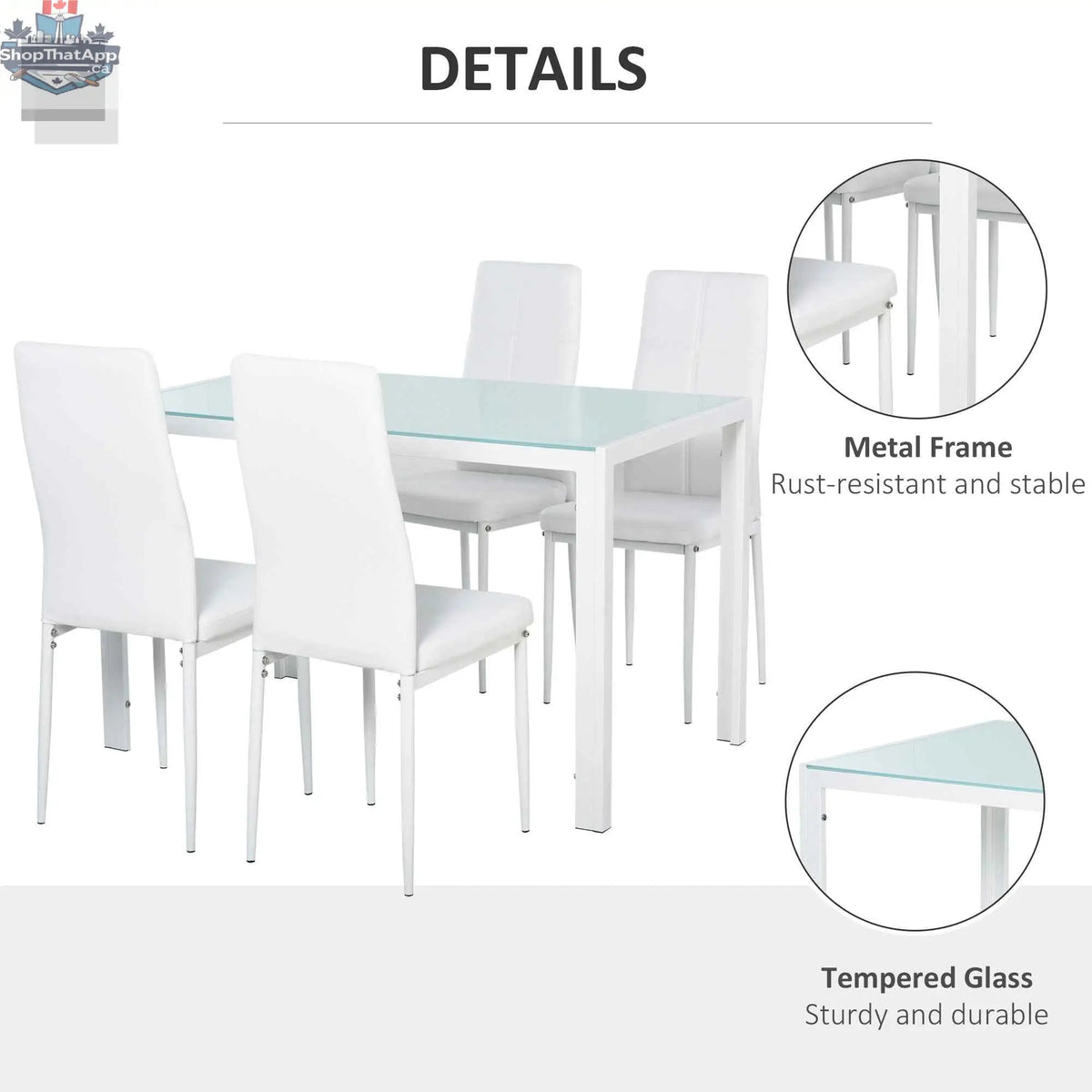 White Zaya glass dining set by SLOTH Nation, 5-piece rectangular furniture for small dining spaces, with glass table and chairs.