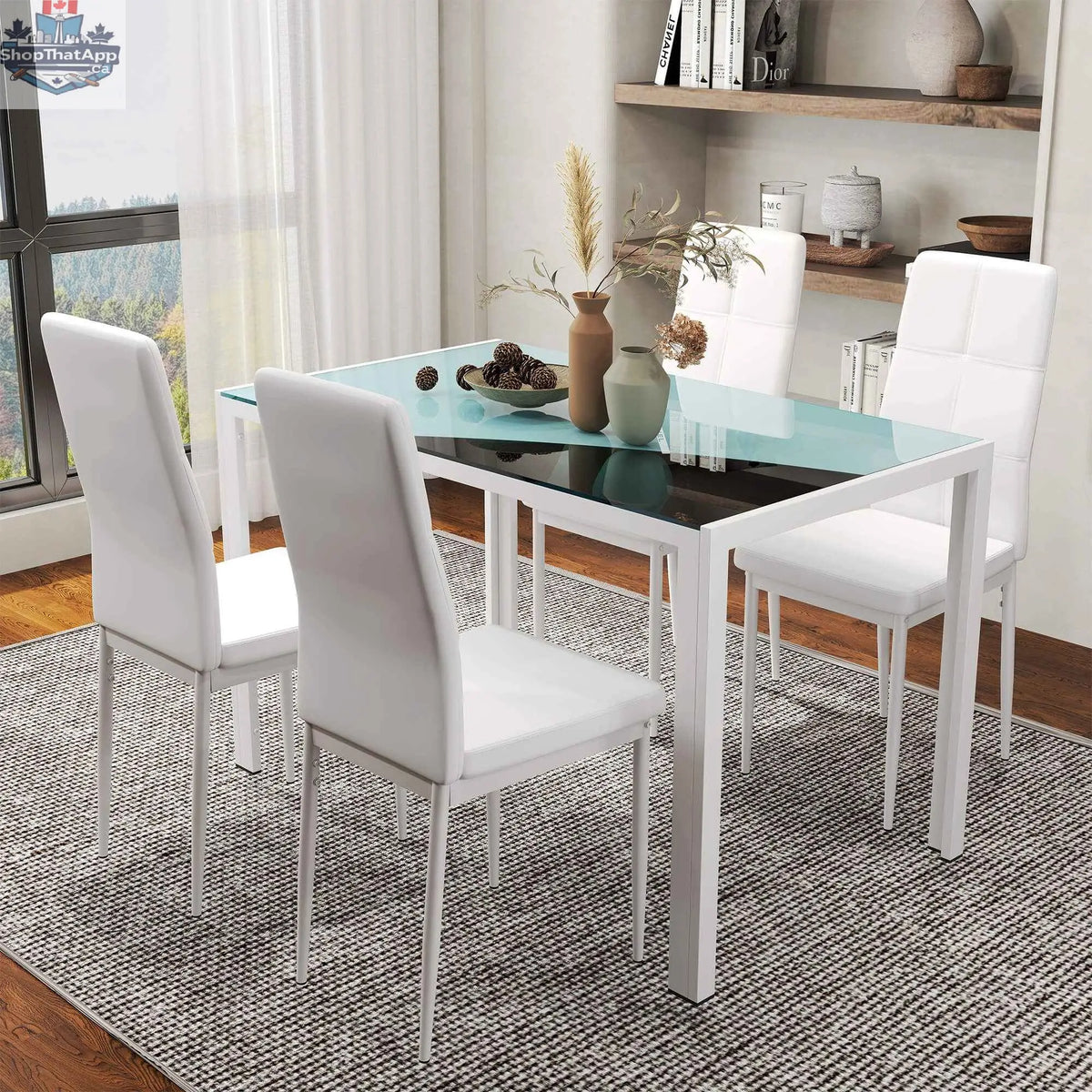 White Zaya glass 5-piece dining set by SLOTH Nation, perfect for small spaces, includes rectangular table and matching chairs.