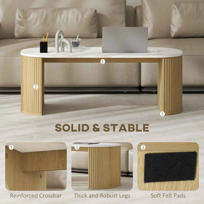 Cameron faux-marble coffee table with natural wood base, modern furniture piece from SLOTH Nation, showcasing sleek marble surface and wooden legs.