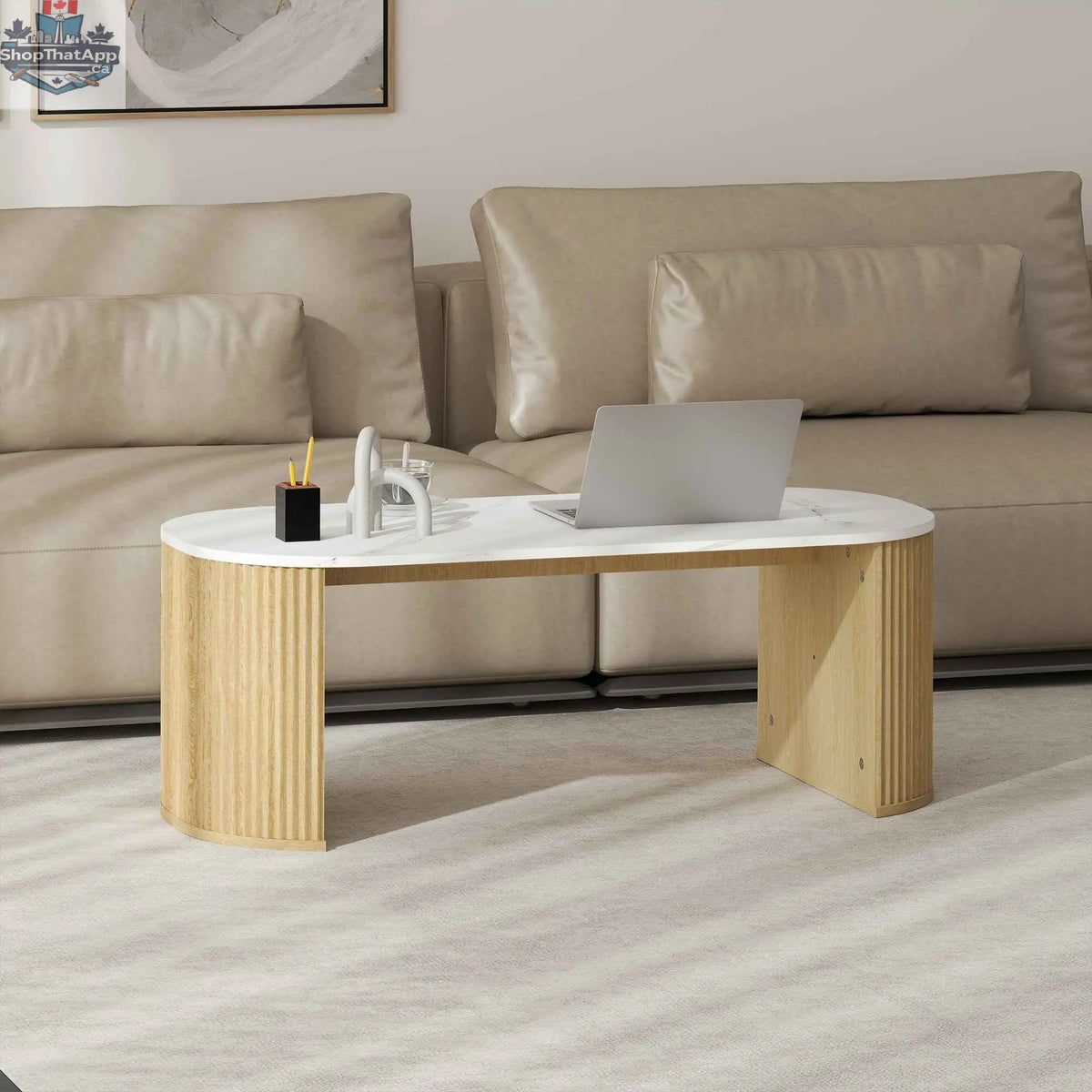 SLOTH Nation Cameron faux-marble coffee table with natural wood base, modern furniture piece for living room decor.