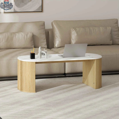 SLOTH Nation Cameron faux-marble coffee table with natural wood base, modern furniture piece for living room decor.