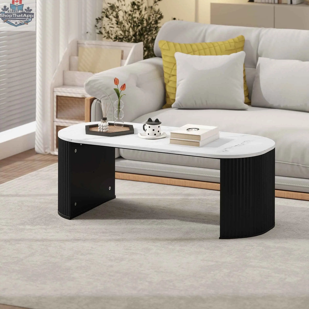Black faux-marble Cameron modern coffee table by SLOTH Nation featuring sleek furniture design and contemporary style.