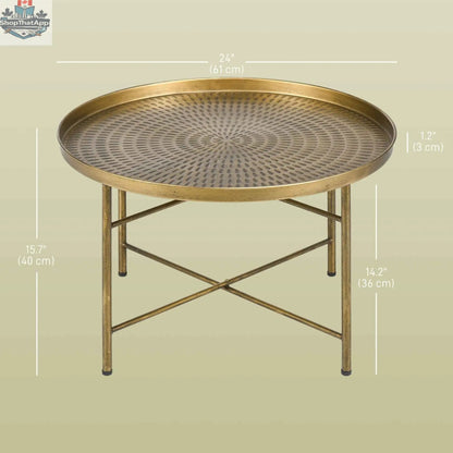Dessie 24-inch vintage coffee table by SLOTH Nation with gold hammered tray top and metal frame, modern rustic furniture piece.
