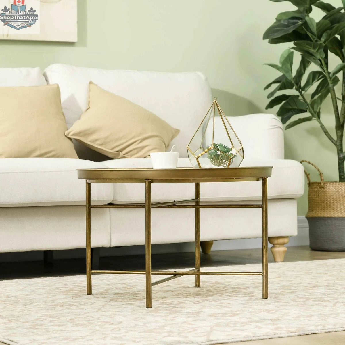Dessie 24-inch vintage coffee table by SLOTH Nation with metal frame and hammered gold tray top, modern industrial style.