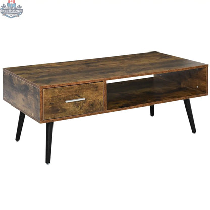Rustic brown Omari retro coffee table with storage shelf and drawer, featuring a stylish wooden furniture design by SLOTH Nation.