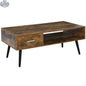 Rustic brown Omari retro coffee table with storage shelf and drawer, featuring a stylish wooden furniture design by SLOTH Nation.