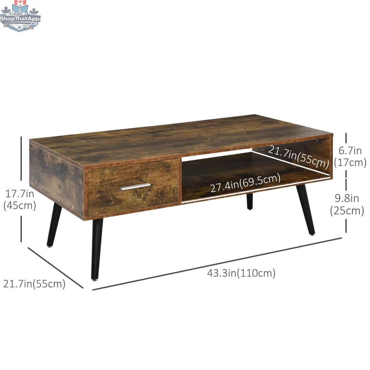 Rustic brown Omari retro coffee table by SLOTH Nation with storage shelf and drawer, featuring a stylish and functional furniture design.