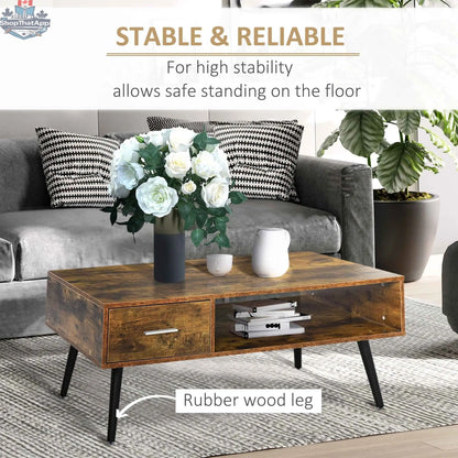 Omari Retro Coffee Table by SLOTH Nation featuring a rustic brown finish, storage shelf, and drawer for added functionality.