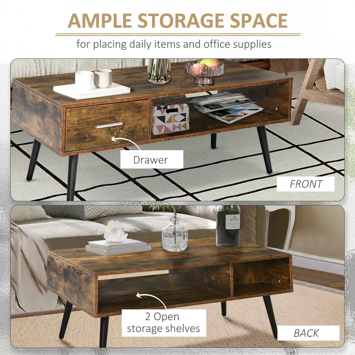 Omari Retro Coffee Table by SLOTH Nation with rustic brown finish, storage shelf, and drawer for stylish living room decor.