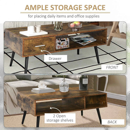 Omari Retro Coffee Table by SLOTH Nation with rustic brown finish, storage shelf, and drawer for stylish living room decor.