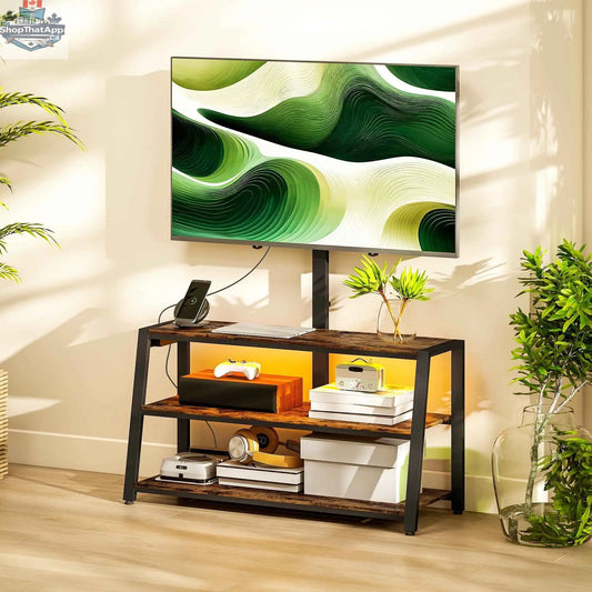 Rustic brown Bay TV stand with swivel mount, built-in power outlet, and LED lights for 32-70 inch TVs by SLOTH Nation.