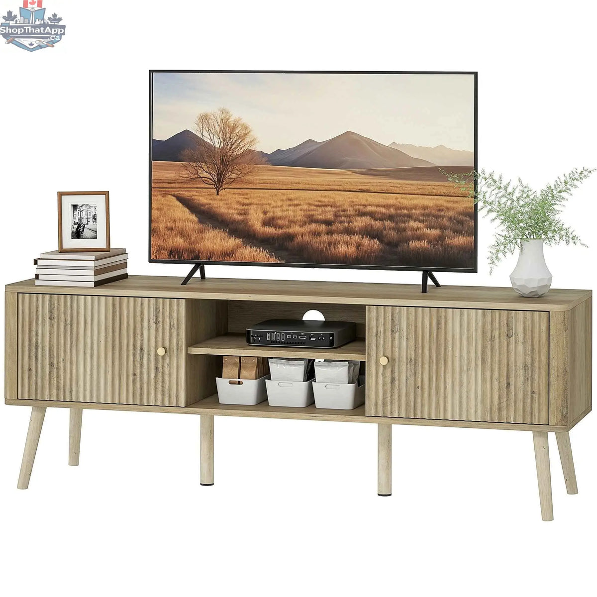 SLOTH Nation Birch TV stand for 65-inch TVs with adjustable shelves and pine wood legs in oak finish.