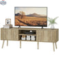 SLOTH Nation Birch TV stand for 65-inch TVs with adjustable shelves and pine wood legs in oak finish.