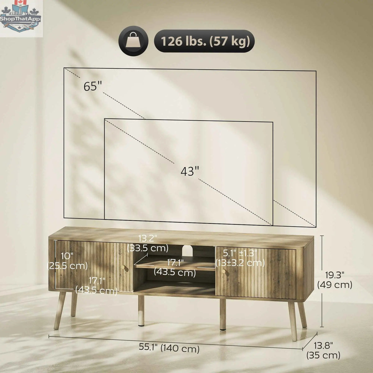 SLOTH Nation Birch TV stand for 65-inch TVs with adjustable shelves and pine wood legs in oak finish, modern living room furniture