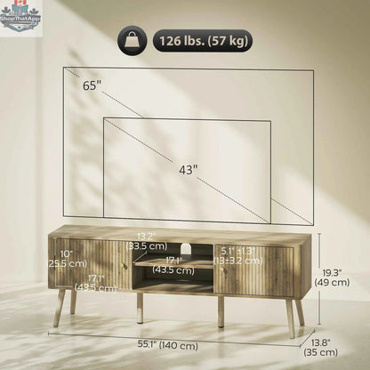 SLOTH Nation Birch TV stand for 65-inch TVs with adjustable shelves and pine wood legs in oak finish, modern living room furniture