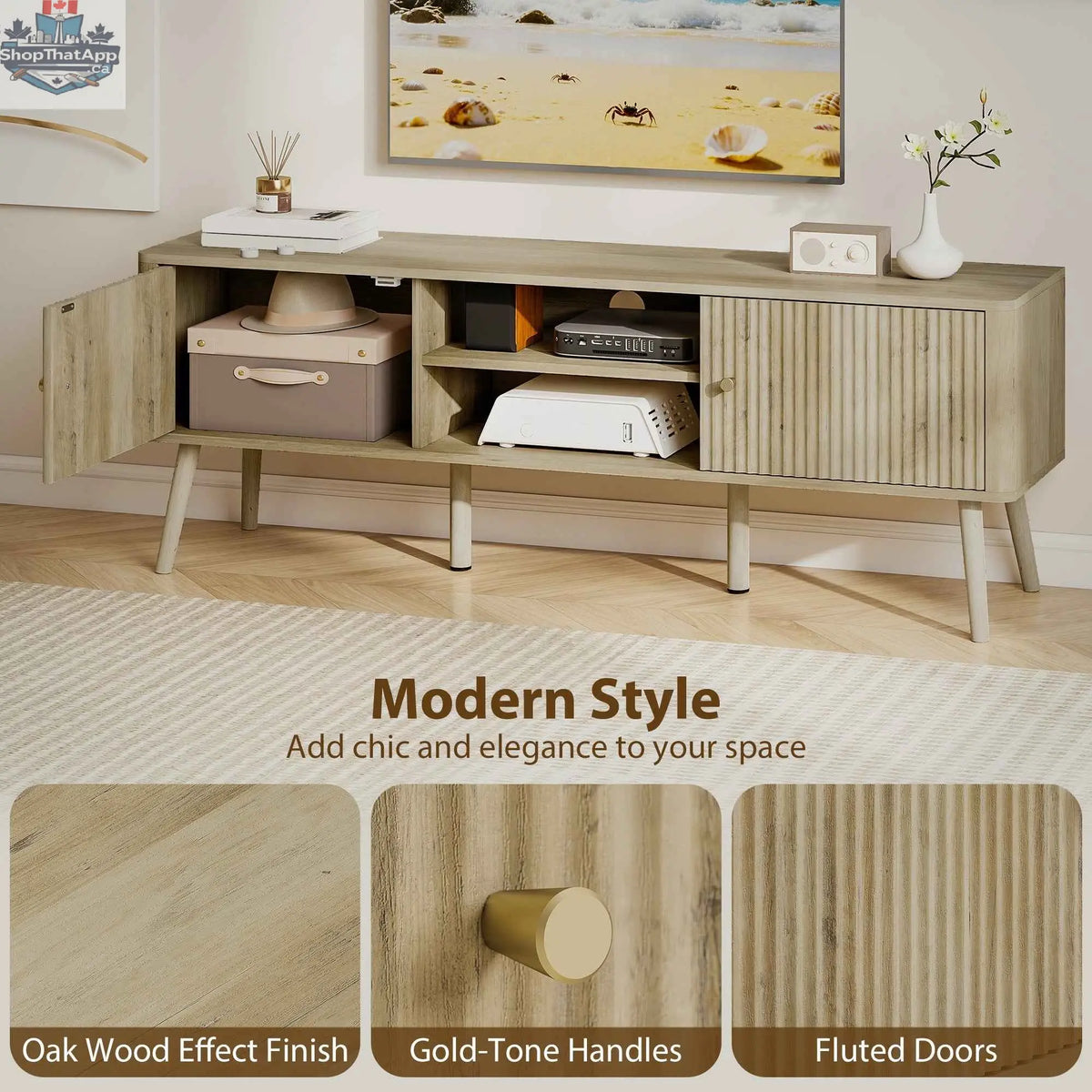 SLOTH Nation Birch TV stand with adjustable shelves and pine wood legs, designed for 65-inch TVs in a modern living room.
