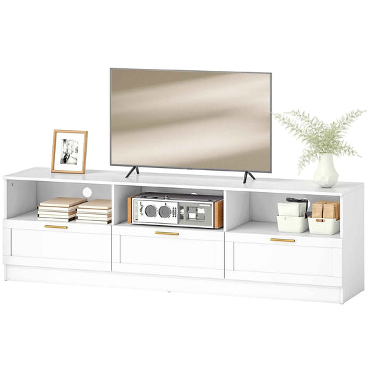 White Dallas modern TV stand with storage drawers for TVs up to 85 inches, made by SLOTH Nation, ideal for living room furniture.