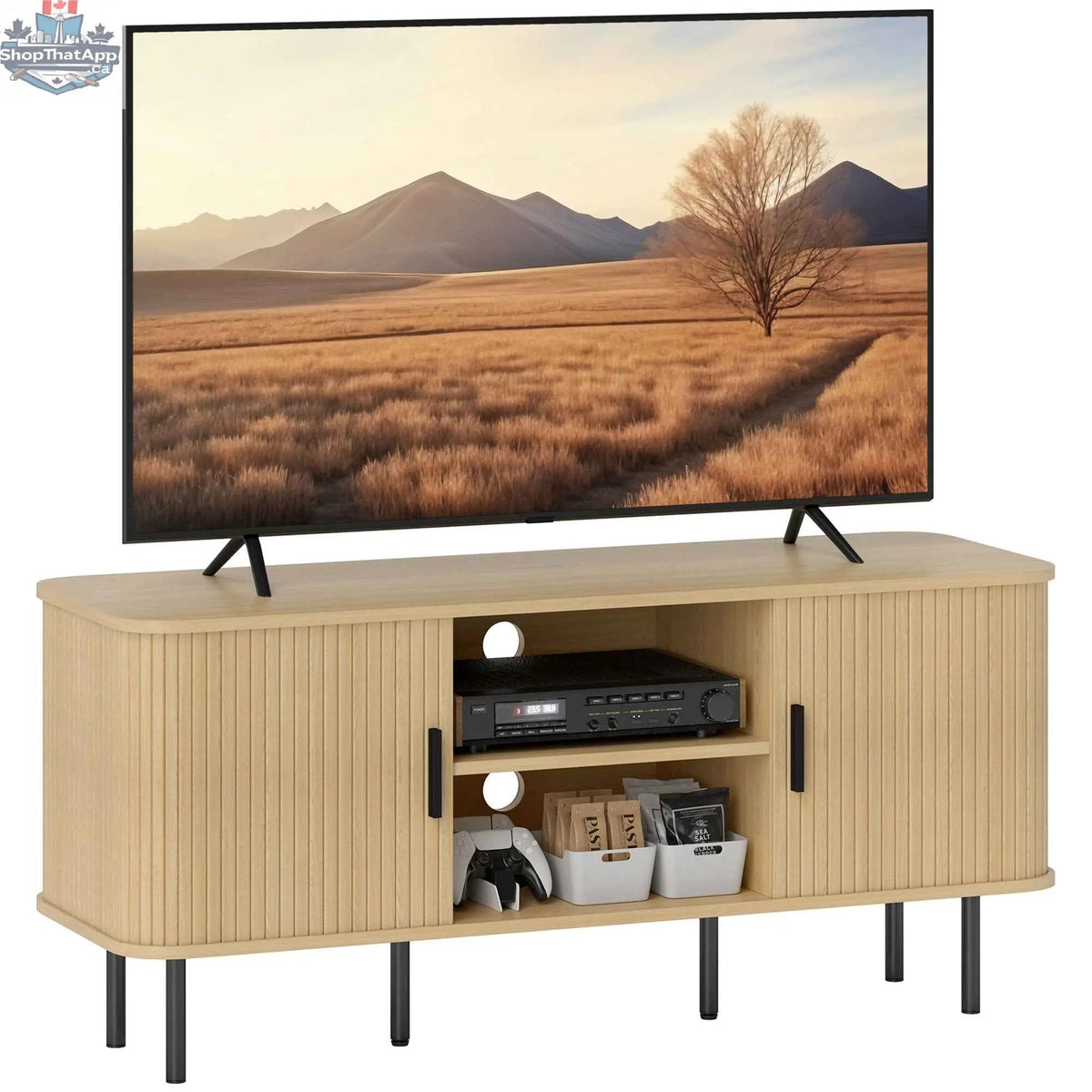 SLOTH Nation Darcy TV stand with oak tone finish, storage shelves and cabinets for TVs up to 55 inches, living room furniture.